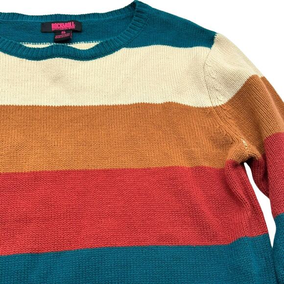 ROCK & ROLL COWGIRL Women Small Cream Red Blue Color block Sweater Fringe Tassel - Picture 1 of 10